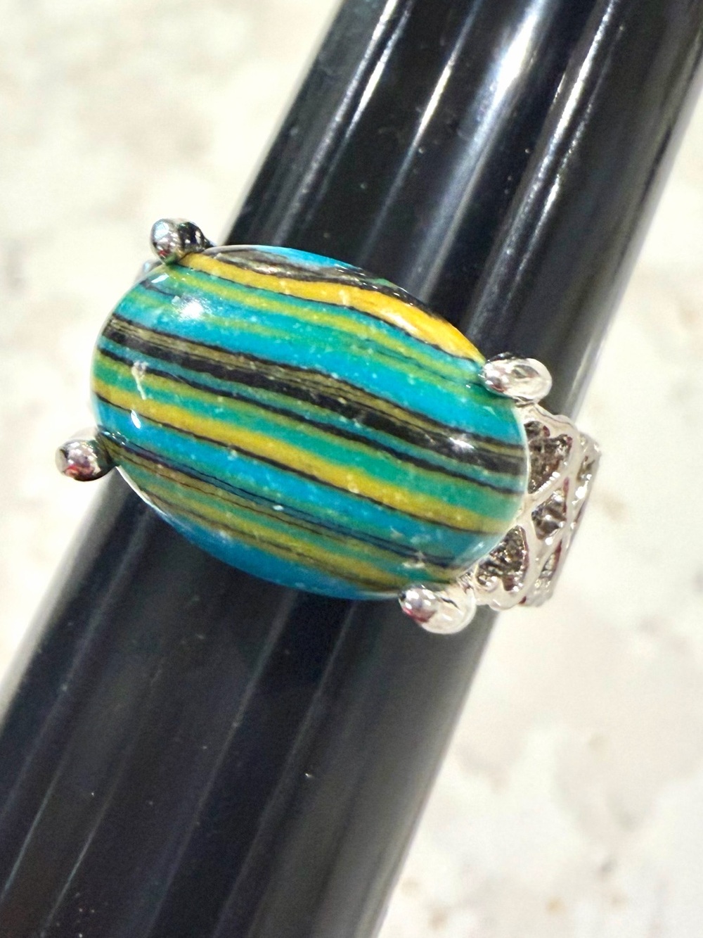 Vibrant Rainbow Calsilica Striped Oval Statement Cocktail Ring - Size 7